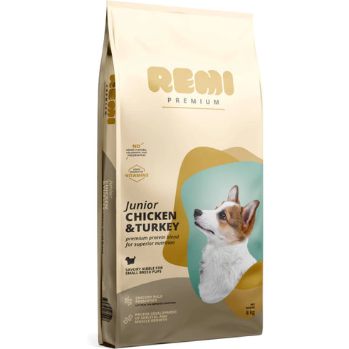 Hrana uscata pentru caini Remi Premium Dog Junior Small Pui si Curcan 8kg